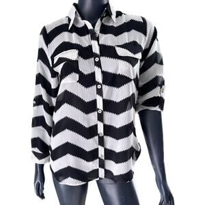 Kalijati White & Black Striped Long Sleeve Blouse Medium M Button Up NWOT